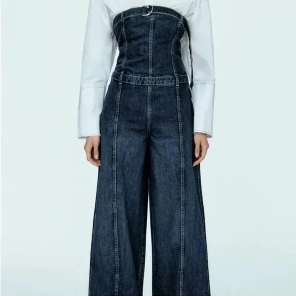 Zara Women's‎ Dark Wash Denim Jumpsuit 100% Cotton Wide Leg Size Small